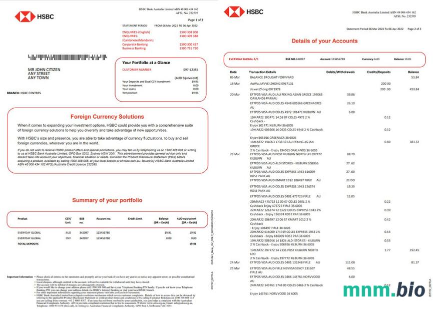 Szablon wyciągu bankowego Australia HSBC w pełni edytowalny w formacie Word i PDF